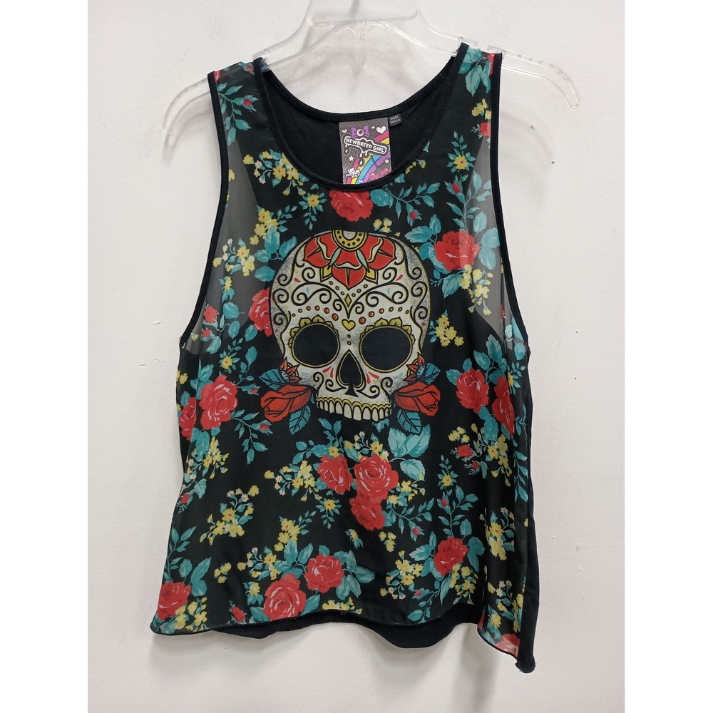 Newbreed Girl Gothic Tank Top Womens Medium Black Sugar Skull Floral Sheer